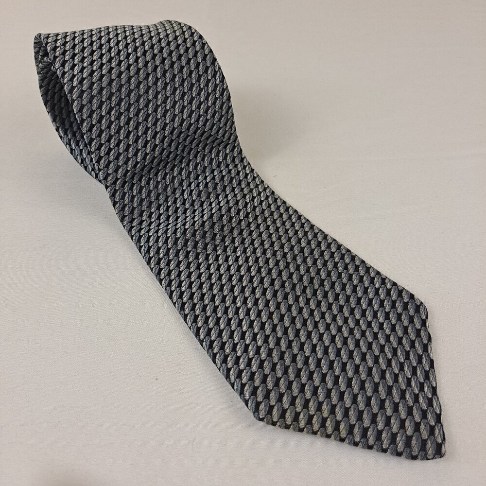 Bugatti Men's Tie 100% Imported Silk Black Background with Gray & Silver Ovals